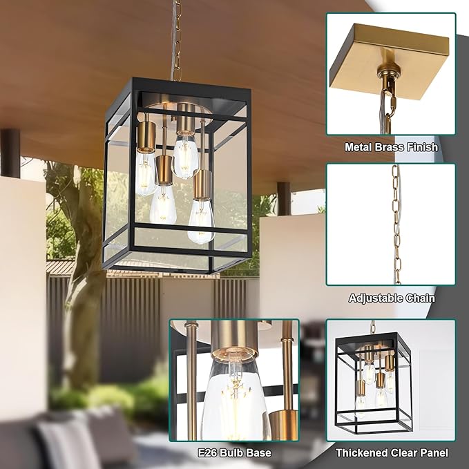 Large Outdoor Pendant Light Fixture for Porch, Black Brass Outdoor Hanging Lantern Pendant Light with Clear Glass, 4 Lights Exterior Porch Chandelier for Outside Patio,Front Door,Enterway