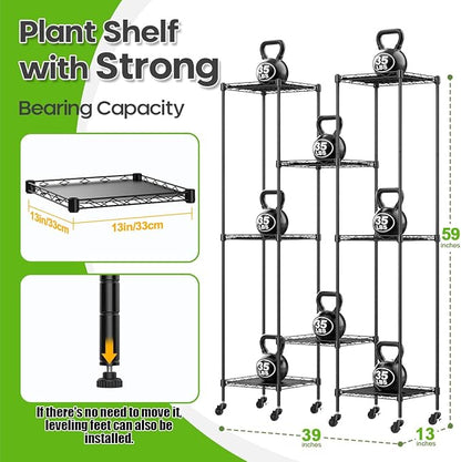 Abimars 59'' Plant Stand with Wheels, Shelf Height Adjustable Metal Plant Shelf for 8 Potted Plants, DIY Assembly Indoor & Outdoor Plant Display Rack