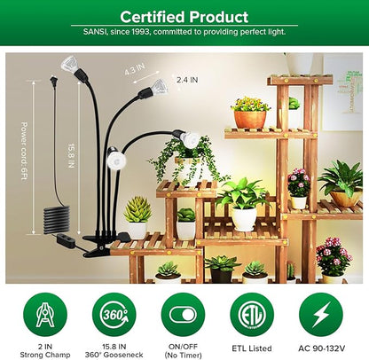 SANSI LED Grow Lights for Indoor Plants, 600W Full Spectrum Gooseneck Clamp Grow Lamp, 40W Power Plant Light with High PPFD for Seeding, Lifetime Free Bulb Replacement Plant Lights for Indoor