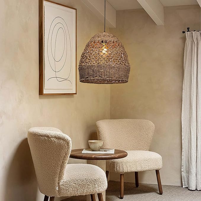 Arturesthome Woven Pendant Light, Modern Boho Hanging Lamp with Handwoven Rattan Shade, Farmhouse Coastal Pendant Light Fixtures for Kitchen Island, Dining Room, Bar, Foyer Hallway D 13.7in