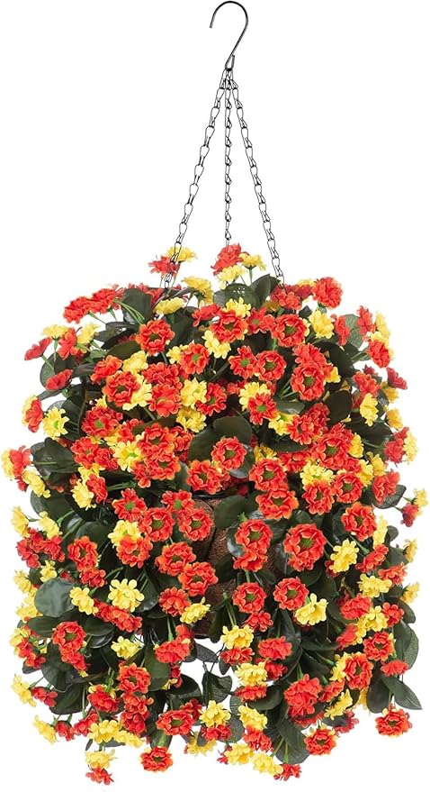 Artificial Flowers in Hanging Basket for Outdoors Fall Decor, Fake Mums Bush Flowers Plants with Hanging Baskets for Home Porch Garden Yard Patio Summer Autumn Decoration (Orange Yellow)