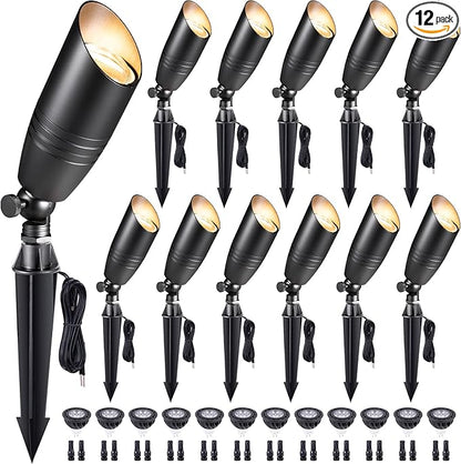 Gardenreet Die-Cast Brass Spot Light Outdoor - 12V LED Uplighting Waterproof, Low Voltage Landscape Lights Direct Wire, Black for Fence Fountain with Bright White MR16 Replaceable Bulbs (12 Pack)