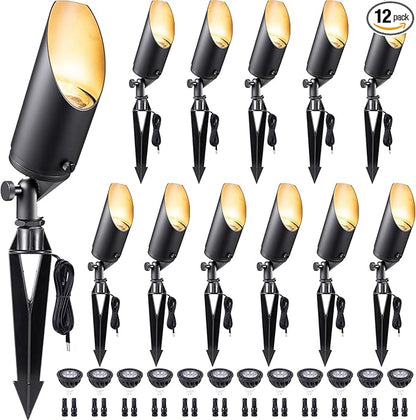 Gardenreet Die-Cast Brass Spot Light Outdoor - 12V Uplighting Waterproof, LED Low Voltage Landscape Lights Metal, Black for Fence Fountain with Warm White MR16 Replaceable Bulbs (12 Pack)
