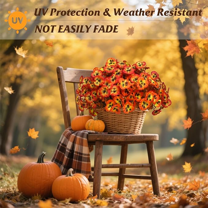 18 Bundles Fall Artificial Flowers for Outdoor, UV Resistant Fake Flowers, Silk Faux Pansies Flowers for Thanksgiving Decoration Planters Home Garden Office Patio Front