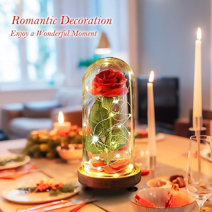 Christmas Birthday Gifts for Women,Beauty and The Beast Rose in Glass Dome,Silk Rose Forever Flowers with Lights,Mom Gift,Romantic Gifts for Her,Anniversary Flower Gifts for Women,Gifts for Girlfriend