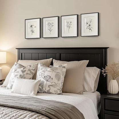 Framed Black and White Botanical Wall Art for Room Decor, 4 Piece Vintage Minimalist Floral Bathroom Painting Print, Farmhouse Rustic Artwork for Bedroom Living Room Fireplace Hallway Walls, 11x14 In