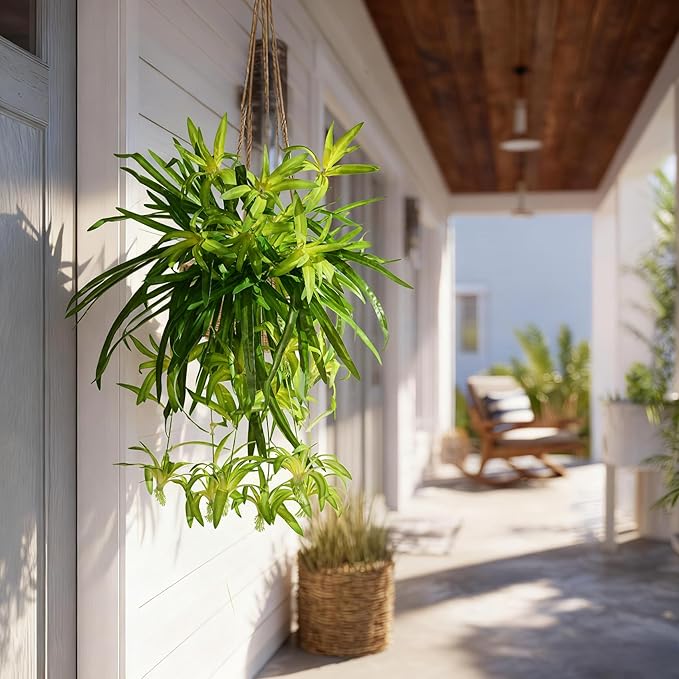 2 Pcs Artificial Spider Hanging Plant Artificial Bracketplant Chlorophytum Fake Greenery for Outdoor Porch Patio Window Shelf Office Garden Home Decor (Gold)