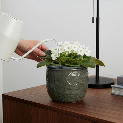 6.5” Ceramic Self Watering African Violet Planter with Embossed Floral Design – Durable Indoor Plant Pot for Orchids, Succulents, and Houseplants