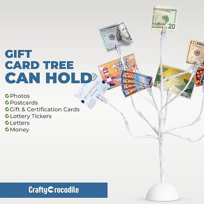 CraftyCrocodile LED Gift Card Tree Holder - Metal Display Stand with 10 Flexible Clips for Photos, Money, Lottery Tickets, Cards & Notes - 25 Warm Lights