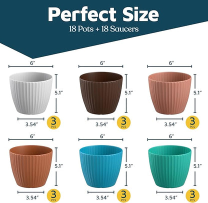 Multicolor 6-Inch Plant Pots with Drainage & Saucers 18 Pack, Indoor & Outdoor Planters for Houseplants, Herbs, and Flowers, Durable & Weatherproof Material, Stackable, Lightweight, Minimalist Design