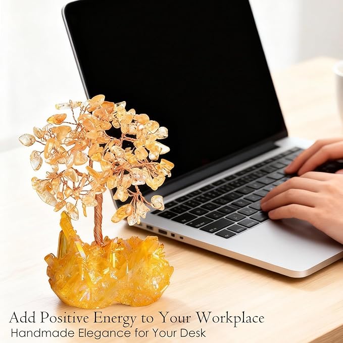 Natural Citrine Crystal Tree with Yellow Titanium Quartz Base,Healing Crystals Chakra Balance Positive Energy Feng Shui Money Bonsai Tree Home Decor for Wealth and Luck
