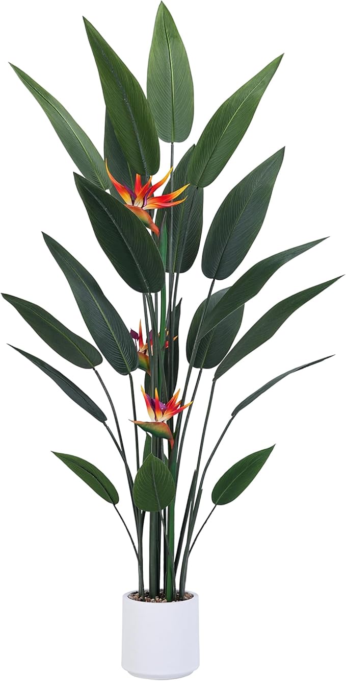 Artificial Bird of Paradise Plant 60in(5Ft) Tall Fake Banana Leaf Plant for Indoors and Outdoors, Artificial Flowers, Faux Palm Tree with Plastic Pot for Office and Home Decor
