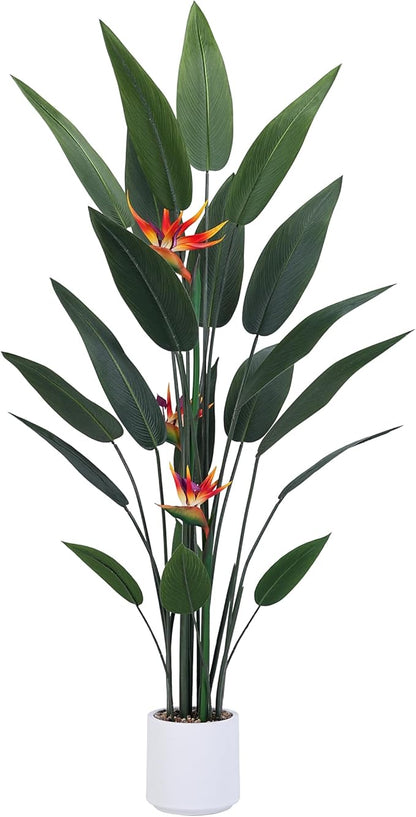 Artificial Bird of Paradise Plant 60in(5Ft) Tall Fake Banana Leaf Plant for Indoors and Outdoors, Artificial Flowers, Faux Palm Tree with Plastic Pot for Office and Home Decor