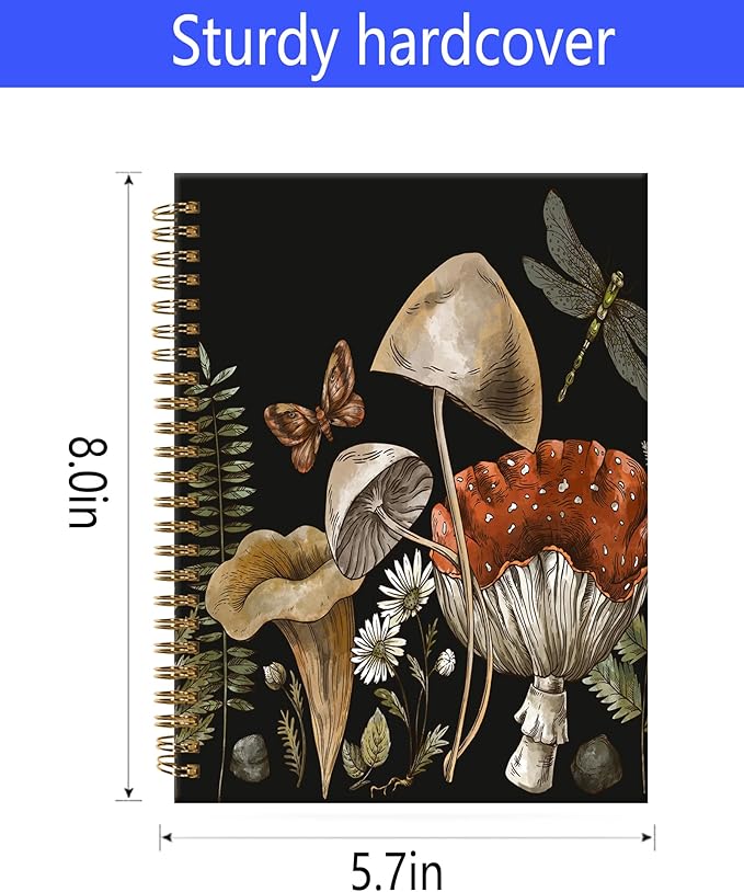Spiral Journal Notebook,A5 Hardcover Lined Journals for Women Girl 6 x 8.3 in,120 Pages Thick Paper,Cute College Ruled Writing Notebook for Gifts Office Work School(Mushroom Plant Moon)