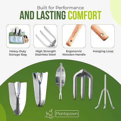 9 PCS Gardening Tools Set with Bag | Heavy-Duty Rust-Proof Hand Tools with Wooden Handles Including 15 Plant Tags | Ideal Gift for Women, Men, Mom, Dad & Gardeners