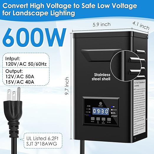 600W Low Voltage Landscape Transformer with Timer & Photocell for Landscape Lighting, 120V to 12V/15VAC, Stainless Steel, Weatherproof for Outdoor Landscape Lights,Yard Lights,Garden Lights
