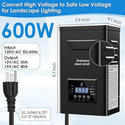 600W Low Voltage Landscape Transformer with Timer & Photocell for Landscape Lighting, 120V to 12V/15VAC, Stainless Steel, Weatherproof for Outdoor Landscape Lights,Yard Lights,Garden Lights