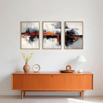 HOURIA Modern Abstract Framed Canvas Wall Art Set,Neutral Black and Orange Wall Decor,Textured Gray White Wall Painting,Pastel Strokes Art Prints for Living Room, Bedroom, Farmhouse-24 x36 x3