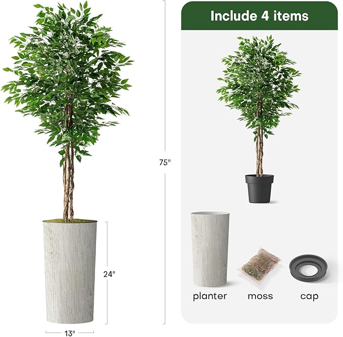 Artificial Tree in Modern Swirl Pattern Planter, Fake Ficus Silk Tree for Indoor and Outdoor Home Decoration - 75" Overall Tall (Plant Pot Plus Tree)