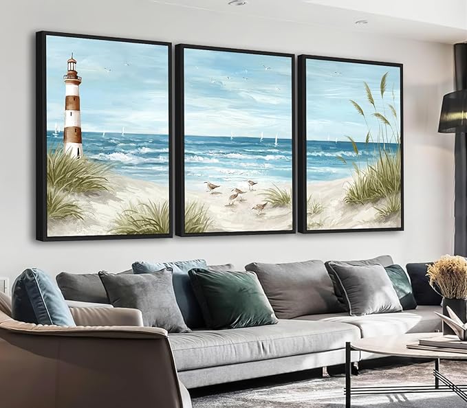 Large Framed Coastal Wall Art - Summer Beach Lanscape Wall Decor Painting 16"x24" Set of 3 Seabird Lighthouse Prints Ocean Waves Canvas Pictures for Living Room Bedroom Office Artwork