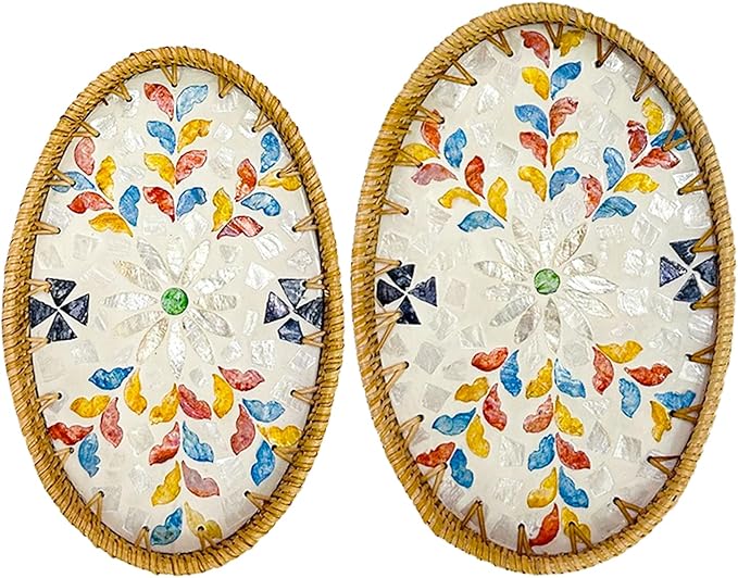 Oval Rattan Tray Bowls, 2 Pack Rattan Wicker Storage Bowls, Decorative Wicker Gift Basket for Serving Fruit Food Bread, Kitchen Counter Organizing