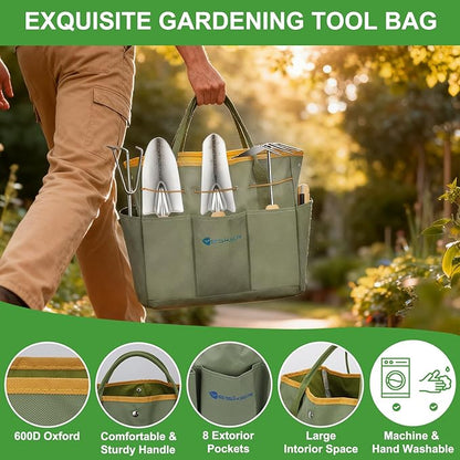 Yesker Gardening Tools 9-Piece Heavy Duty Garden Tool Set Gardening Supplies Gifts for Women Men Gardening Hand Tool Kit w Non-Slip Ergonomic Rubber Handle, Durable Garden Bag, Pruning Shears, Green