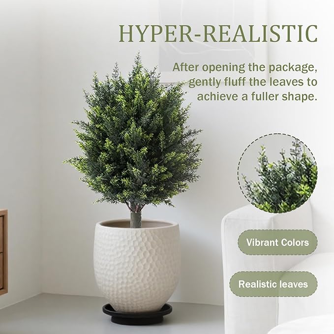 23 Inch Artificial Cedar Topiary Balls Tree, UV Resistant Faux Boxwood Trees with Ground Spike, Perfect for Indoor & Outdoor Garden, Porch, Front Door, and Home Décor, Set of 2