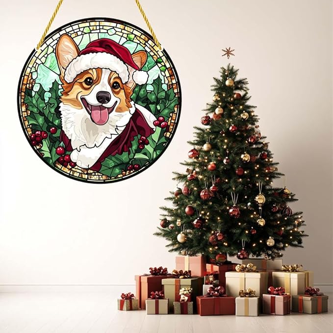 Acrylic Window Hanging Corgi Dog Christmas Stained Panel Window Decoration for Outdoor Indoor Garden Yard Home Winter Decor 8 Inch