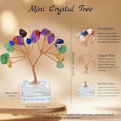 Runyangshi 12 Pcs Crystal Tree Set with K9 Glass Base - Chakra Healing Money Trees for Desk Decor, Home, Office, Positive Energy, Good Luck Gifts for Women, Mom, Birthday, Housewarming