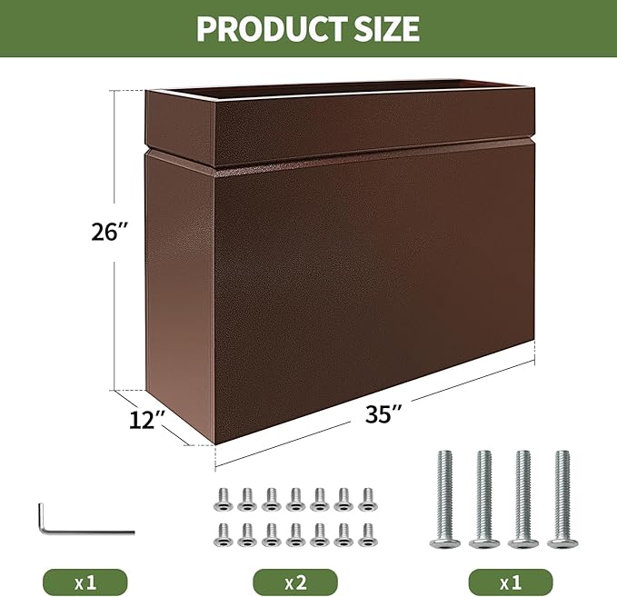 Metal Rectangular Planter Box, Powder Coating Steel Large Planters 35" L x 12" W x 26" H with Drainage Hole, Indoor Outdoor All-Weather Use for Home, Porch, Patio, Garden(Bronze)