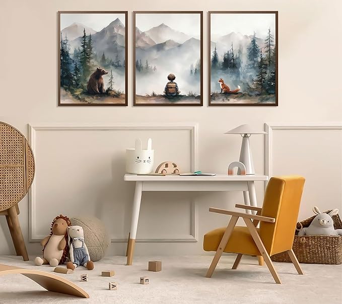 3Pcs Neutral Woodland Wild Animal Wall Art Cute Bear Fox Nursery Wall Decor Pictures Adventure Boy Posters Prints Vintage Forest Animal Canvas Paintings for Baby Room Playroom 12x16