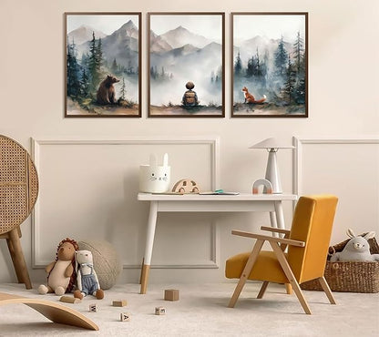 3Pcs Neutral Woodland Wild Animal Wall Art Cute Bear Fox Nursery Wall Decor Pictures Adventure Boy Posters Prints Vintage Forest Animal Canvas Paintings for Baby Room Playroom 12x16
