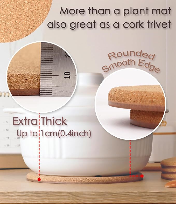 Cork Plant Coasters, Double Layers Hard Thick Planter Coaster, 12 Inch Absorbent Mats, Cork Trivets for Hot Dishes, Coasters for House Plants, 2 Pcs