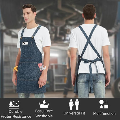 Cotton Denim Apron for Men Women, Cross Back Chef Apron with Large Pockets Removable Straps for Kitchen Cooking Gardening BBQ Hair Stylist Barista, Heavy Duty Jean Work Apron Adjustable Size