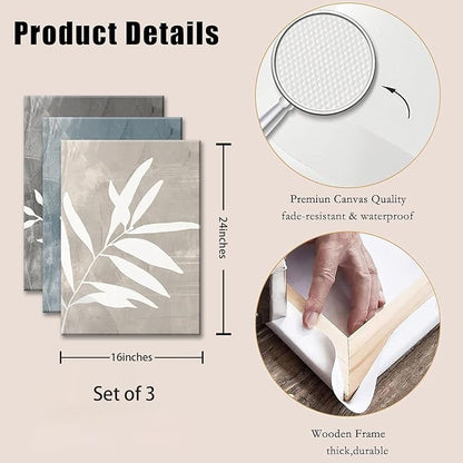 okudolit Vintage Botanical Canvas Wall Art Set of 3 Blue Grey and Beige Neutral Plant Leaf Prints Boho Minimalist Floral Art Pictures Wall Decor for Living Room Bedroom bathroom Office-16x24in