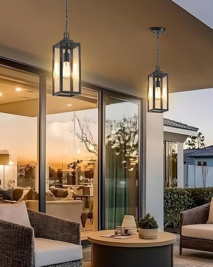 15'' Large Motion Sensor Outdoor Pendant Lights, Dusk to Dawn Modern Outside Chandelier Outdoor Hanging Lantern with Clear Glass, Exterior Pendant Lighting Fixture for Porch, Yard, Black, 1Pack