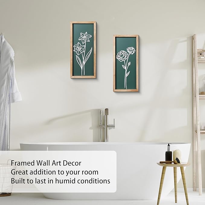 HKBS 3D Wooden Floral Wall Art, Set of 2 Framed Flowers Wall Art Sculptures, Boho Farmhouse Minimalist decor for Bathroom, Bedroom, Living Room, Kitchen or Office Wall Decorations Housewarming Gifts (Green)