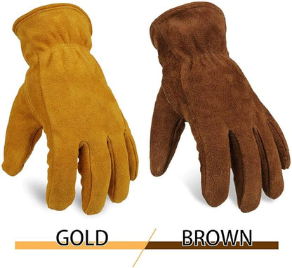 OZERO Winter Work Gloves Thick Windproof Cold Proof Leather Glove Thermal Imitation Lambswool - Extra Grip Flexible Warm for Working in Cold Weather for Men and Women (Gold,Small)