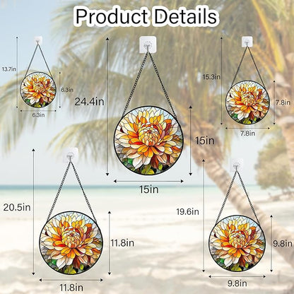 Stained Glass Window Hanging - Chrysanthemum Suncatcher for Doors Garden Patio Birth Flowers Sun Catchers Decor Christmas Mother's Day Birthday Gifts for Women Men Mom Nana Friend 15 in