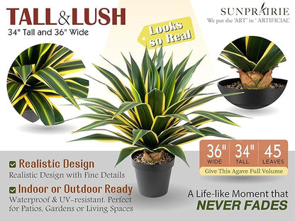 SUNPRAIRIE 34 Inch Tall Large Artificial Agave Plant in Pot with 45 Leaves, Forest Green with Yellow-Edges. Outdoor and Indoor Faux Plants.