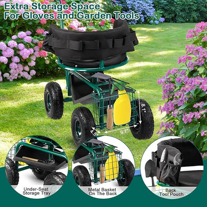 Outvita Rolling Garden Seat with Wheels, Gardening Stool with Height Adjustable 360 Degree Swivel Seat, Ergonomic Backrest, Tool Tray & Storage Basket, Outdoor Gardening Scooter Cart for Patio, Green