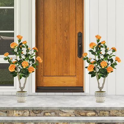 Goplus 36’’ Artificial Camellia Tree, 2 Pack Flower Plants Artificial Tree, Faux Floral Plant Blooming Tree in Nursery Pot, Greenery Potted Plant for Indoor Office Home Porch Decor, Orange