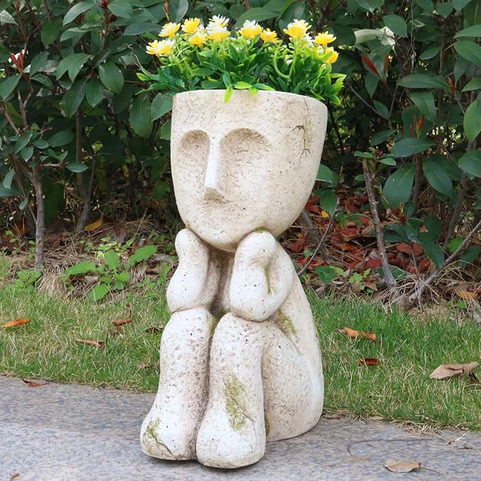 Large Face Head Planter Pots for Indoor Outdoor Plants Unique Flower Pots Succulent Planter with Drainage Hole Tree Man Resin