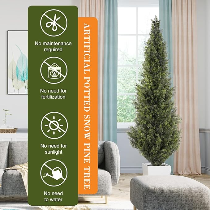 6FT Artificial Cedar Topiary Trees, Set of 2 Realistic Outdoor Indoor Fake Potted Plants with Planter, UV Resistant for Porch, Garden, Balcony, Patio & Office Decor