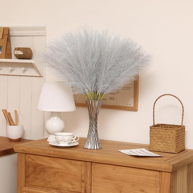 Faux Silver Pampas Grass - 60pcs 24 Inch Short Artificial Pampas Grass Decor, Fake Pompas Floral for Vase Filler, Wedding Flower Arrangement, Party and Home Decor (Silver, 60 Pieces)