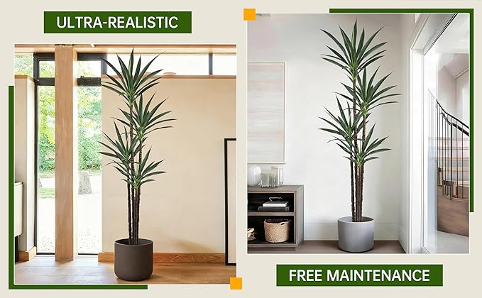Artificial Agave Tree 7FT with 60 Leaves & 4 Trunks & Elegant Black Pot Realistic Tall Large Fake Faux Modern Tree 84 Inch for Indoor Home Office Porch Store Corner Decor Housewarming Gift
