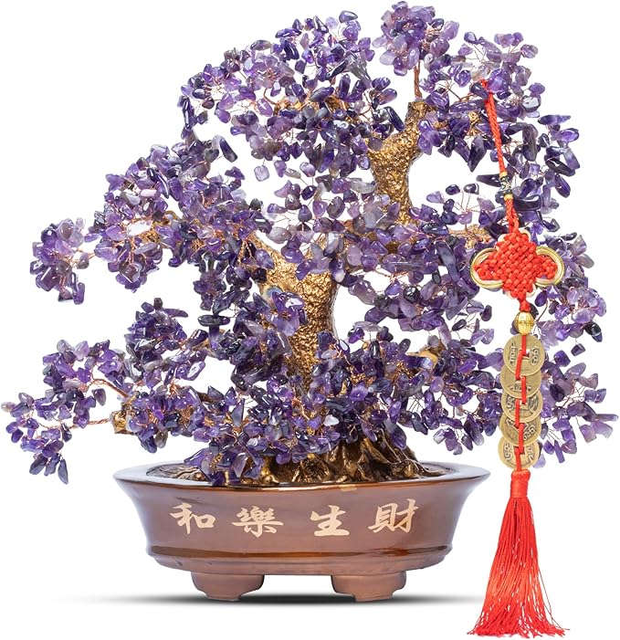 Natural Large Amethyst Tree,14"Amethyst Crystal Bonsai Tree(1251 Gemstone Count) Chakra Tree with Healing Properties Crystal Feng Shui Money Tree of Life for Positive Energy Good Luck Wealth