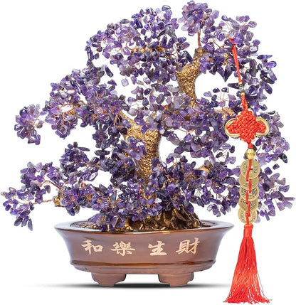 Natural Large Amethyst Tree,14"Amethyst Crystal Bonsai Tree(1251 Gemstone Count) Chakra Tree with Healing Properties Crystal Feng Shui Money Tree of Life for Positive Energy Good Luck Wealth