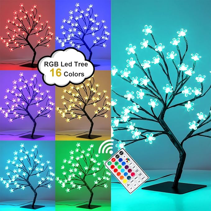 2pcs 48 LED Artificial Lighted Cherry Blossom Tree - Cherry Blossom Bonsai Tree 16 Color-Changing Metal Base Night Lights for Christmas Wedding Party