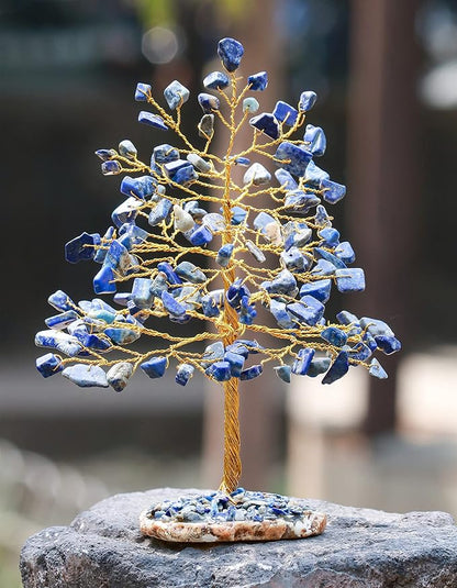 Lapis Lazuli Gemstone Tree of Life - Geode Agate Slice Base, Crystal Tree for Positive Energy, Handmade Chakra Tree, Feng Shui Decor - Good Luck Money Bonsai, Healing Stones Gem Tree, Spiritual Gift